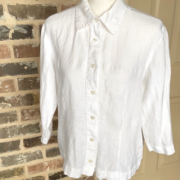 Vintage British Khaki White Linen Button Up Top Simple Classic 3/4 Sleeve Sz M - Picture 1 of 9